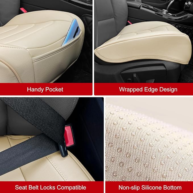 BOPUOVRE Car Seat Cover for Luxury & Comfort PU Leather | Anti Slip Full Wrap Protection Storage Pocket Cushion Universal Fit 95% Vehicles Yellowish White 1 Piece - Image 7