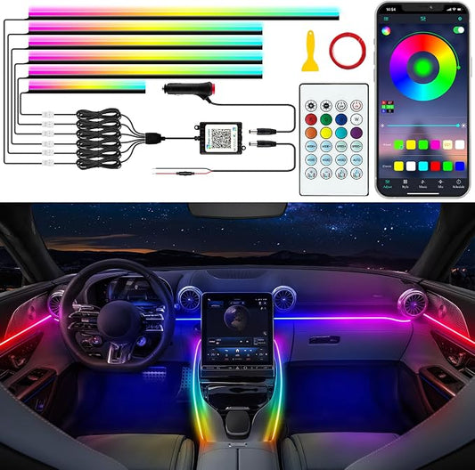 Jushope Interior Car LED Strip Lights with Dream Color, Ambient Lighting | Wireless APP and RF Remote Control Dynamic Chasing Music Sync LED Lights for Car Decoration, Car Charger or Hardwire DC 12V by Jushope