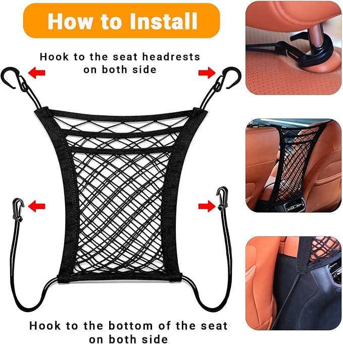 3-Layer Car Mesh Organizer - Backseat Storage & Pet Barrier for Small Dogs | 11"x8.3" net fits headrests or between seats. Holds bottles, umbrellas, tissues, toys. Keeps small dogs (<22lb) from front. - Image 9