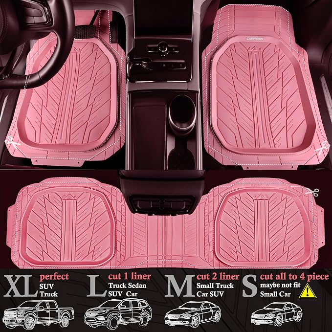 CAR PASS DeepDish Pink Floor Mats for Cars Full Set,Heavy Duty Rubber Car Mats 3-Piece,Universal Waterproof Trim-to Fit Automotive Floor Mats for Truck Van SUV, Durable All-Weather Car Mats (Pink) - Image 3