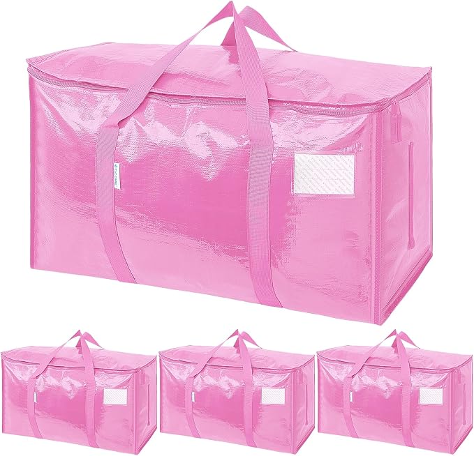 TICONN 4 Pack Extra Large Moving Bags Heavy Duty with Zippers & Carrying Handles, Durable Storage Bags Moving Boxes for Closet Organizers and Storage (4 Pack, Pink) by TICONN