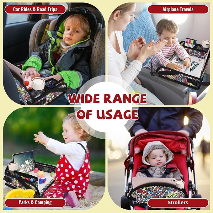 Kids Travel Tray for Airplane - Toddler Car Seat Table Tray, Road Trip Essentials for Boys & Girls, Carseat Lap Desk for Kids Road Trip Activities, Graffiti - Image 3
