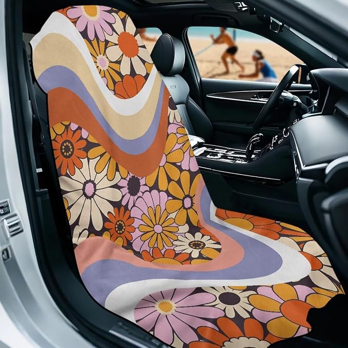 Hippie Flower Car Towel Seat Cover Breathable Soft Front Seat Towel Cover Fashion Cars Accessories Easy to Installation for Cars SUV Trucks - Image 2