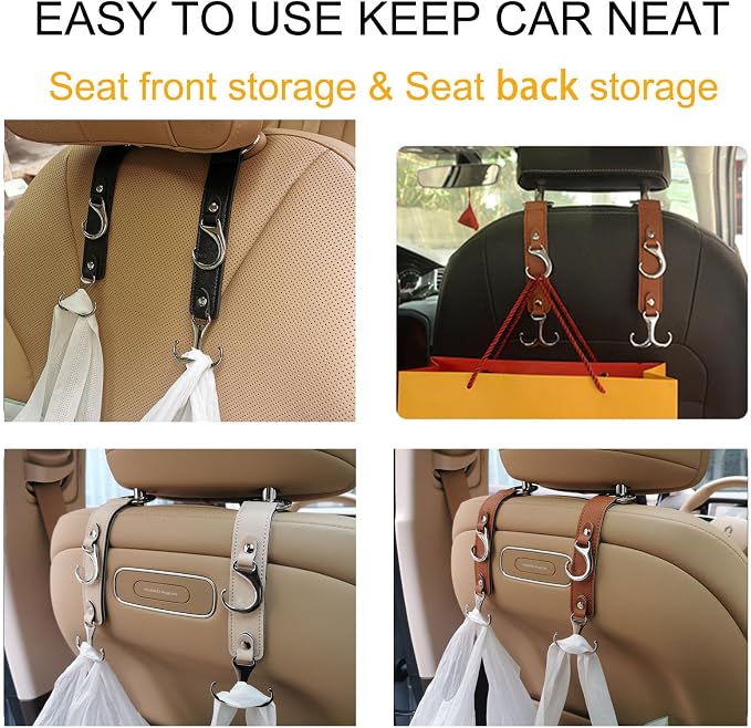 Car Headrest Hook Faux Leather Hanger Purse Bag Holder Purse Hook | 3-in-1 design, 50lb capacity, alloy buckle, fits most cars. Holds bags, groceries, umbrellas. easy stall, for front & back - Image 5