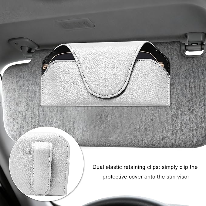 Sunglass Holder for Car Visor, Magnetic Auto Sun Visor Eyeglass Organizer with Dual Back Clips, Leather Glasses Protective Storage Case Universal for Most Vehicles Visors (White) - Image 5