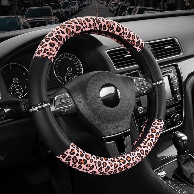 Road Comforts Leopard Steering Wheel Cover for Women, Cute Anti-Slip Microfiber Leather, Fits 14.5-15 Inch Steering Wheel 14.5-15 Inch - Black and Pink Cheetah by RoadComforts