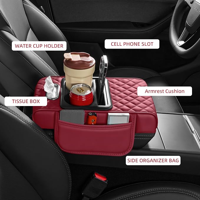 5 in 1 Nappa Leather Console Armrest Cover, Burgundy | Built-in cup holder, tissue slot, phone holder & 2 storage pockets, practical car accessories fit SUV sedan truck - Image 2