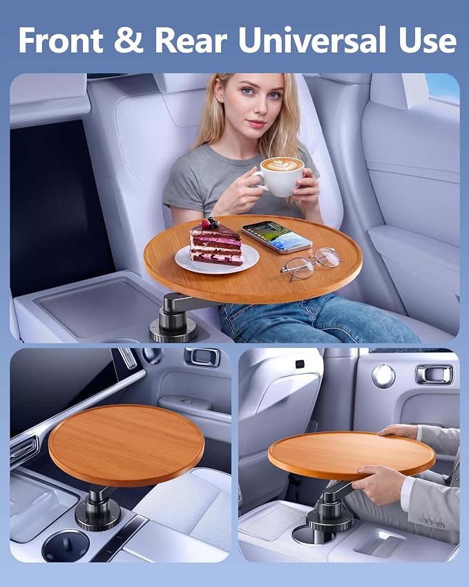 Tesla Model 3 Y Wood Car Cup Holder Tray Table for iPad Laptop Food | Detachable 360 Rotating Car Desk for Working & Eating, Tesla Model 3 Y Accessories 2026 2025 2024 Car Essentials - Image 3