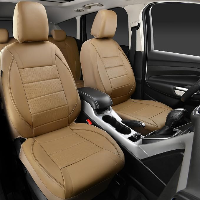 CAR PASS Piping Leather Seat Cover,Universal FIT with Composite Sponge Inside,Airbag Compatible and Reserved Opening Holes,Inside zipper for Cars,Sedan,SUV,Truck(Full Set,Beige with Tan Piping-Stripe) - Image 3