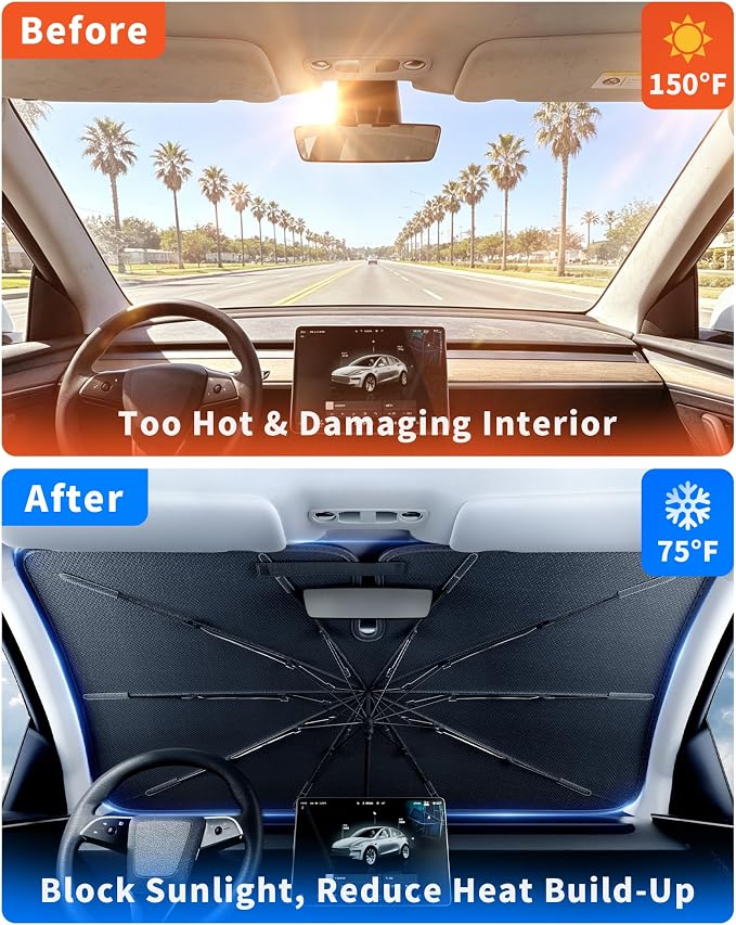 Windshield Sun Shade Umbrella for Tesla Model Y | car accessories,56 x 36 in windshield sun shade,car window shades,car sun shade windshield - Image 2