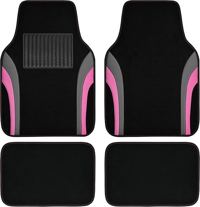CAR PASS Leather Sporty Car Floor Mats Carpet, Universal Waterproof Automotive Floor Mat Fit for Sedans, Cars, Mid Trucks, Vans, SUV, Set of 4 (Black and Pink) by CARPASS
