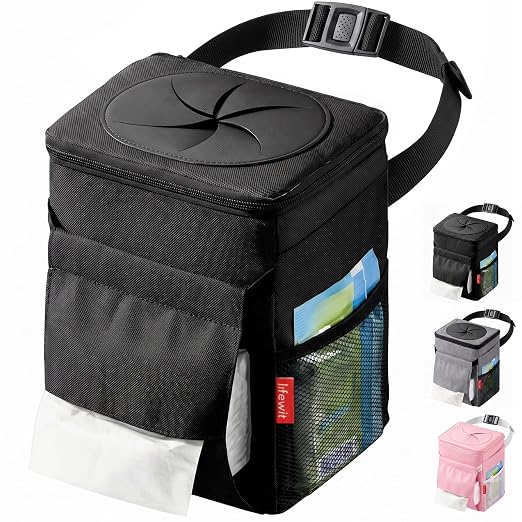 Lifewit Car Trash Can with Lid, Garbage Bag Hanging, Trash Bin, 2 Gallon | Leakproof, Waterproof, Tissue Holder, Adjustable Straps, Magnetic Snaps, Automotive Interior Accessories, Black by Lifewit