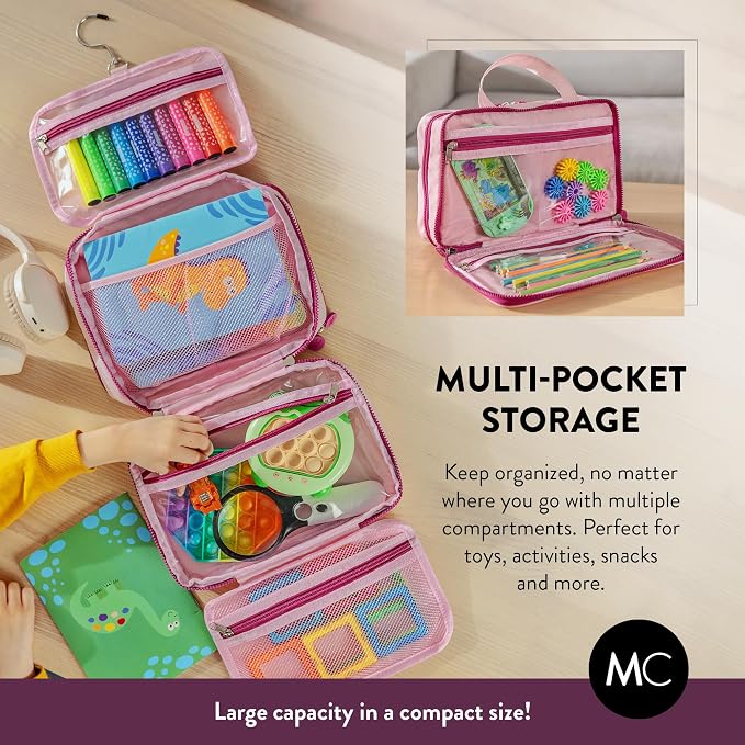 Kids Travel Organizer – Multi-Compartment, Water-Resistant Hanging Bag for Toys, Snacks, & Activities - Compact, Lightweight Design with Hook & Carry Handle - Perfect for Travel Use (Pink, Small) - Image 4