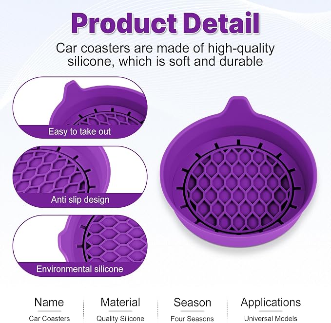 Car Cup Holder Coaster, Silicone Cup Holder Insert, Universal Non-Slip Cup Holders, Car Accessories Interior for Women and Man 4 Pack Purple - Image 4