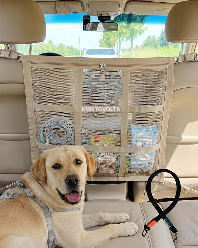 Dog Car Net Barrier, 9-Grid Reinforced, Dog car Barrier | Includes dog seat belt for car. Front & rear pockets. Breathable, easy install. Fits as dog barrier for SUV, sedans & trucks. by Unknown