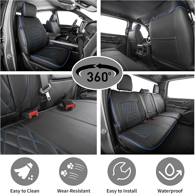 EKR Ram 1500 Seat Covers Custom Fit for (Crew Cab) RAM 1500 Tradesman 2019-2025 & Express 2026,Waterproof Leather Black Car Seat Cover for Trucks Full Set-Faux Leather (Black with Blue Piping) - Image 4