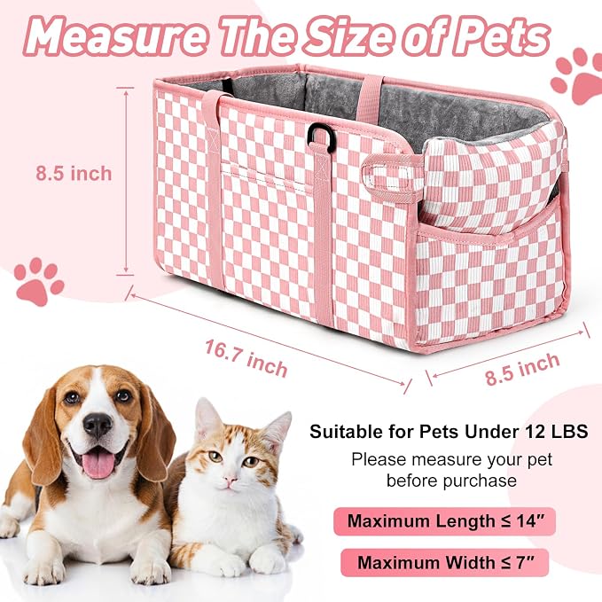 Console Dog Car Seat for Small Dogs, Foldable Booster Seat, Pink Checkered | Portable Booster Seat Sits On Car Console/ Armrest. Foldable for Easy Storage. for Center Console, Easy To Clean. - Image 2