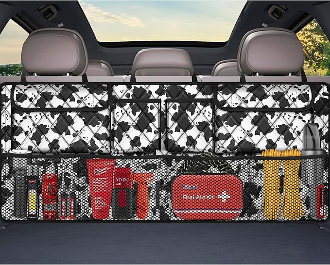 Femuar Car Trunk Organizer,Large Capacity Backseat Trunk Organizer(42"*18"),Collapsible Car Storage Bag with 8 Pocekt,SUV/MPV/Truck - Cow print by GuangzhouTailinTechnologyCo
