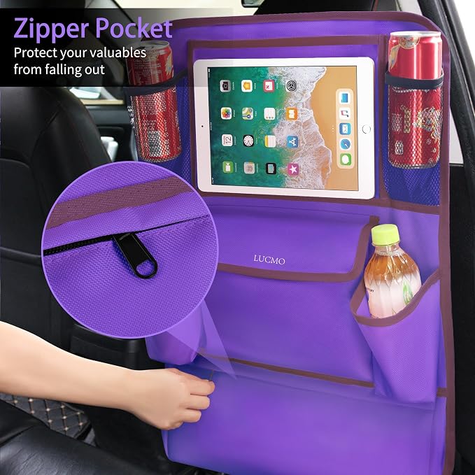 LUCMO Car Backseat Organizer with Touch Screen Tablet Holder, Dark Purple | 9 Storage Pockets,Clear Tablet Holder,Protectors Kick Mats,Travel Accessories,Seat Cover,Road Trip Essentials - Image 4