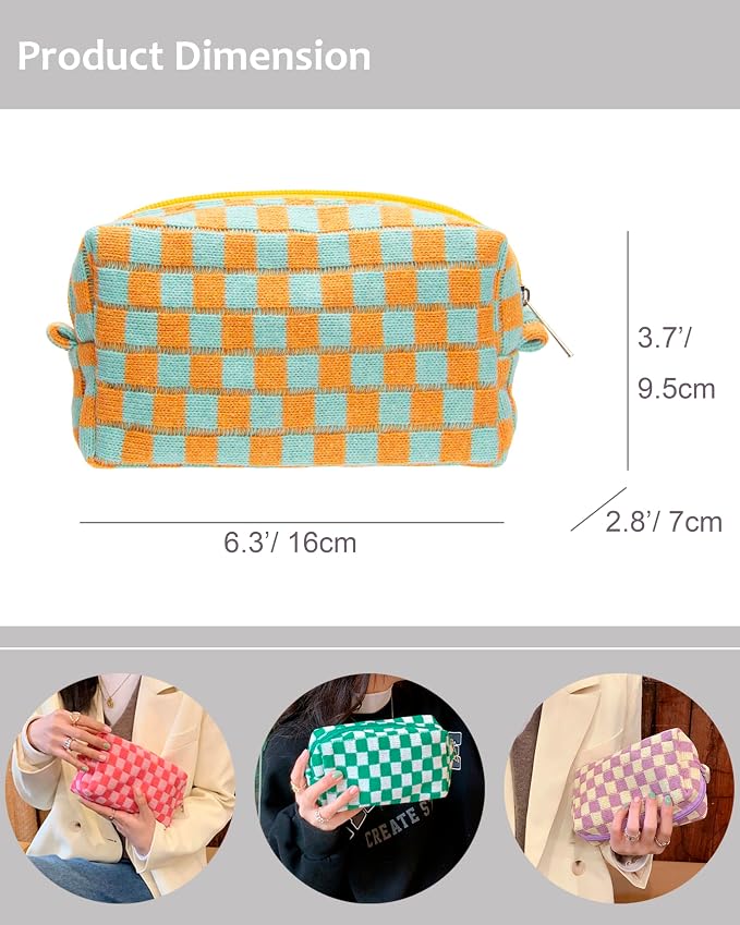 Checkered Makeup Bag for Purse, Small Travel Cosmetic Pouch,Orange Green | Cute Zipper Makeup Organizer for Women, Travel Essentials, Toiletries, Makeup Brushes, Beauty Accessories&Bridesmaid Gifts - Image 4