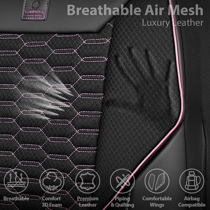 CAR PASS 3D Foam Mesh Leather Car Seat Covers Front Seats,Breathable Mesh Front Seat Covers for Women,Universal Fit for Cars SUV Truck Sedan Van Automotive, Armrest Airbag Compatible,Black and Pink - Image 4