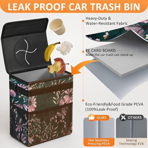 Vankor Car Trash Can with Lid Leak Proof Car Accessories for Women | 2.2 Gallon Cute Hanging Car Trash Bin for Men Car Truck Vehicle Sedan SUV Interior Automotive Garbage Cans, Navy Floral - Image 3