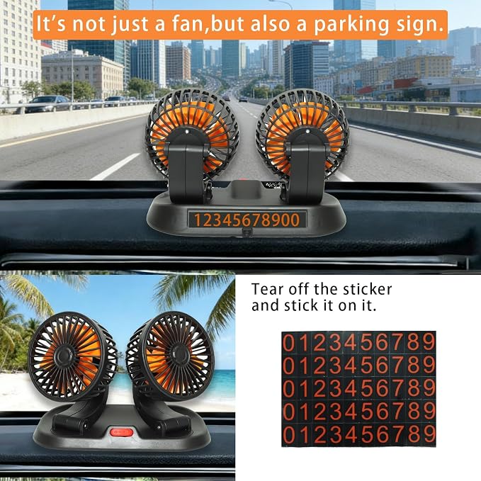 Dual Head 24V Car Cooling Fan, 360° Rotatable Dashboard Fan with 2 Speed Adjustable, Cigarette Lighter Plug Heavy Duty Truck Fan for Semi Truck, Bus, Tractor, Van, School Bus - Image 4