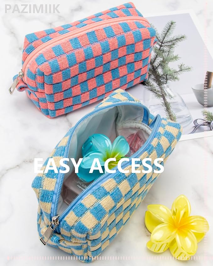 Checkered Makeup Bag for Purse, Small Cosmetic Pouch,Blue Beige,6 Pack | Cute Zipper Makeup Organizer for Women, Travel Essentials, Toiletries, Makeup Brushes, Beauty Accessories&Bridesmaid Gifts - Image 7