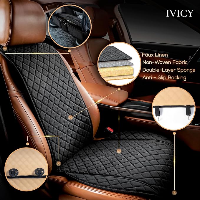 Faux Linen Front Car Seat Cover, Seat Protector, 1 Unit, Black | Non-Slip Bucket Sear Cover for Most Cars, SUVs, Vans & Trucks – Machine Washable, Side-Airbag Friendly - Image 2