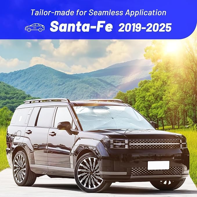 Windshield Sun Shade Umbrella for Hyundai Santa fe 2019-2026 Front Windows | Foldable Car Sunshade with 360° Rotating Shaft, Custom fit Santa fe Sun Visor Shield for UV Blocking and Heat Insulation - Image 3