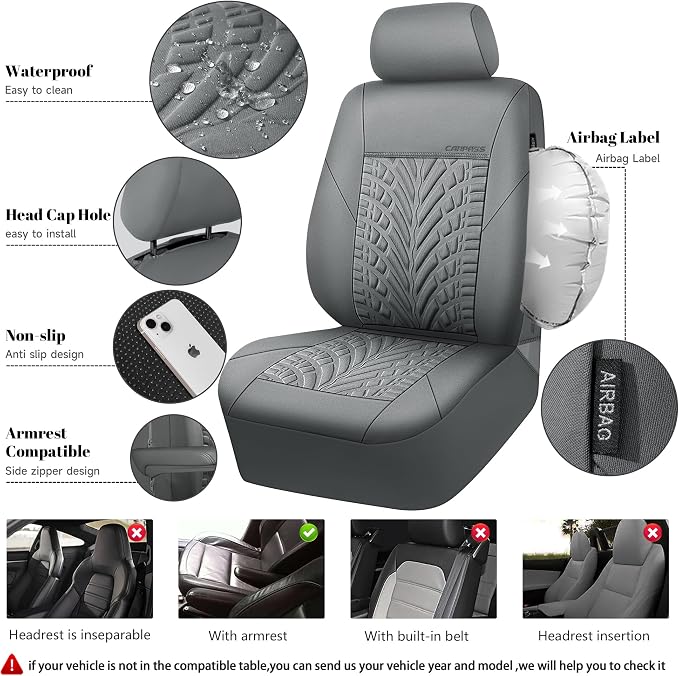CAR PASS Neoprene Waterproof Seat Covers Full Sets, Wetsuit Car Seat Covers 5 Seats Universal Fit for Vans, Truck, SUV, 3D Tyre Embossed Seat Covers Anti Slip with Armrests, Aibag Compatible(All Gray) - Image 3
