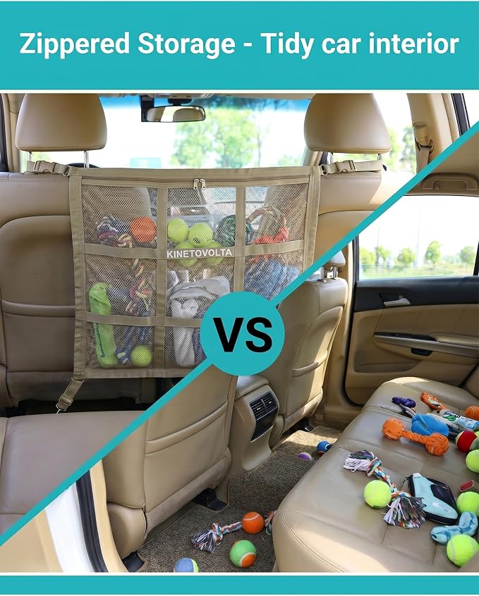 Dog Car Net Barrier, 9-Grid Reinforced, Dog car Barrier | Includes dog seat belt for car. Front & rear pockets. Breathable, easy install. Fits as dog barrier for SUV, sedans & trucks. - Image 3