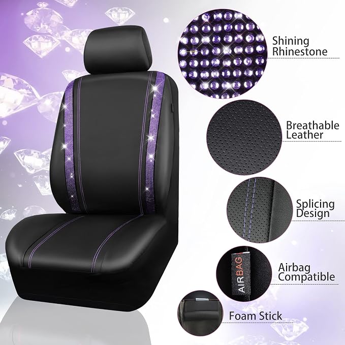 CAR PASS Leather Diamond Bling Car Seat Cover 2 Front Interior Sets, Waterproof Universal Shining Glitter Crystal Sparkle Fit for 95% Automotive Truck SUV Cute Women Girl, Black Purple Rhinestone - Image 3