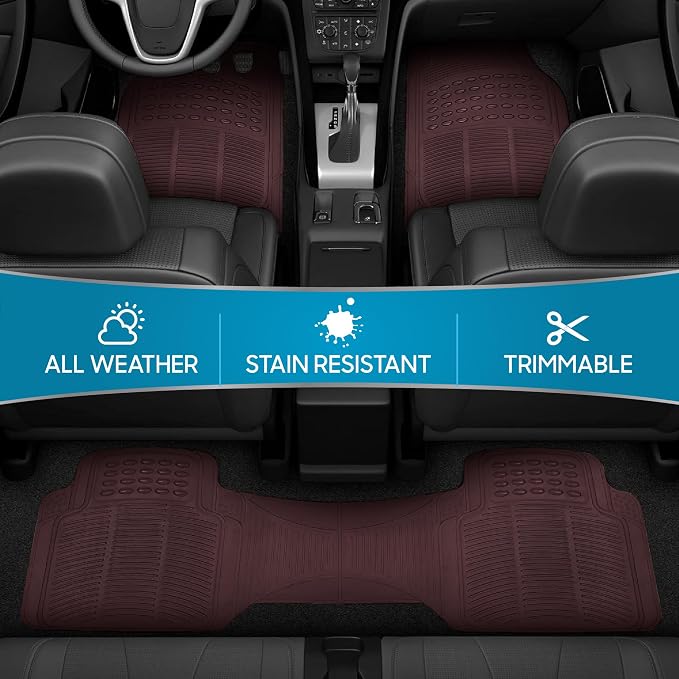 BDK ProLiner Car Floor Mats for Cars Trucks SUV 3pc All-Weather Burgundy | Heavy Duty Rubber Liners with Universal Trimmable Fit, Durable Waterproof Vehicle Auto Floor Mats Channels Burgundy Red - Image 3