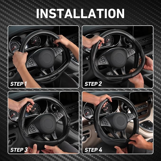 SEG Direct Steering Wheel Cover 14.5"-15" Heavy-Duty, Black Carbon Fiber | Standard Medium Size, Heavy-Duty Microfiber Leather with Carbon Fiber Pattern - Image 6