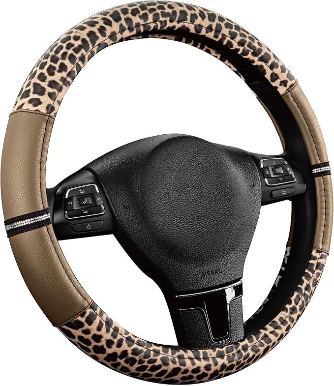 Road Comforts Leopard Steering Wheel Cover for Women, Cute Anti-Slip Microfiber Leather, Universal Fit 14.5-15 Inch Round Steering Wheel - Beige - Image 2