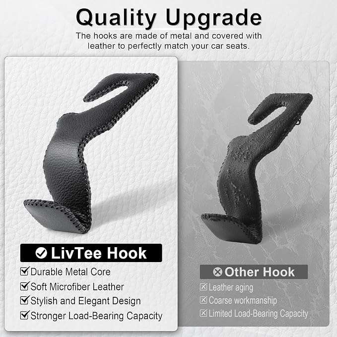 LivTee Black Superior Leather Car Seat Back Headrest Hook, Auto Seat Hook Hangers Interior Accessories for Purse Coats Umbrellas Grocery Bags Handbag, 2-Pack - Image 4
