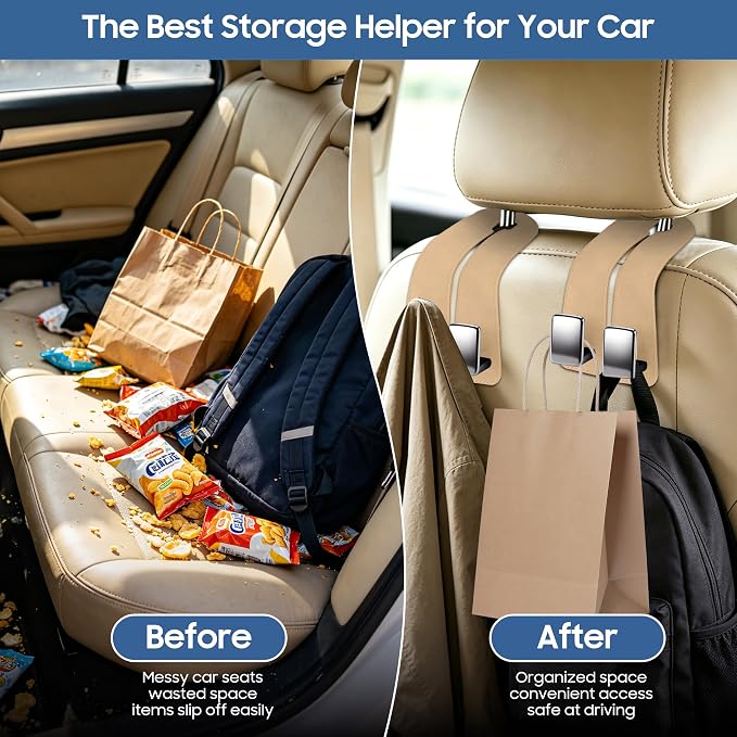 Amooca Car Headrest Hooks 4-Pack Suede Seat Organizer with Metal Core | Universal Fit, Double-hook Design, Backseat Storage for Backpack Umbrella Water Bottle Coat Purses Handbags Groceries, Beige - Image 5