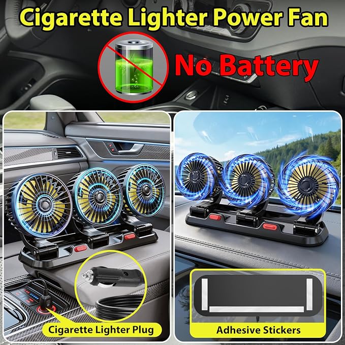 Portable 3-Head Car Cooling Fan, Fans for Vehicles Cars (No Battery) - Image 2