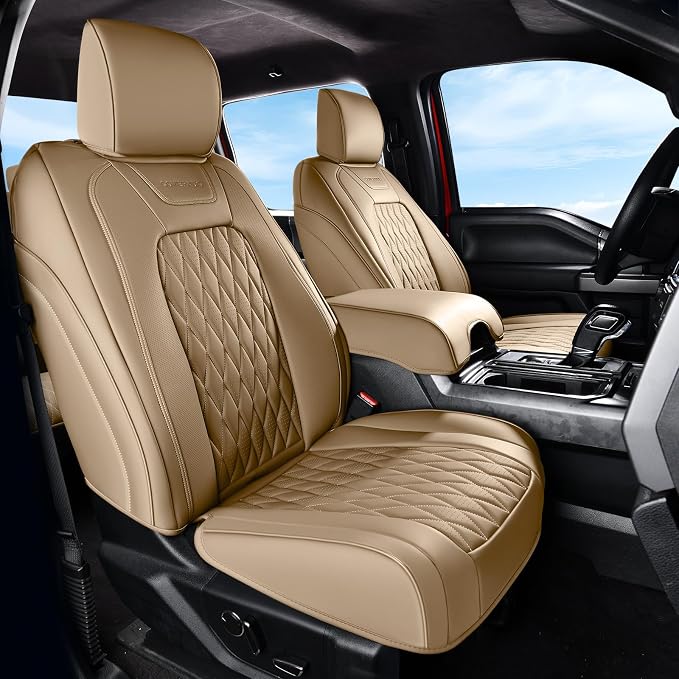 Coverado Premium Leather Truck Front Seat Covers – Custom Fit, Waterproof, Heavy Duty, Anti-Spill, Scratch Resistant Protector for Ford F150 2015-2026, F250-F450, Beige by COVERADOAUTO