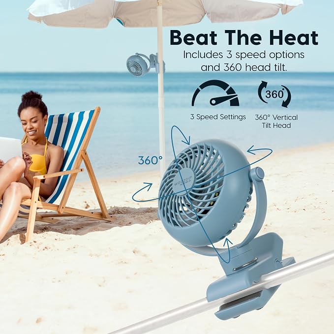 IRIS USA WOOZOO Cordless Portable Clip On Fan, USB-C Rechargeable, Blue | LED Light, Mosquito Repellent Tray, 360° Tilt, 3 Speeds, Pet Stroller Car Fan, Camping Golfing Outdoor Use - Image 8