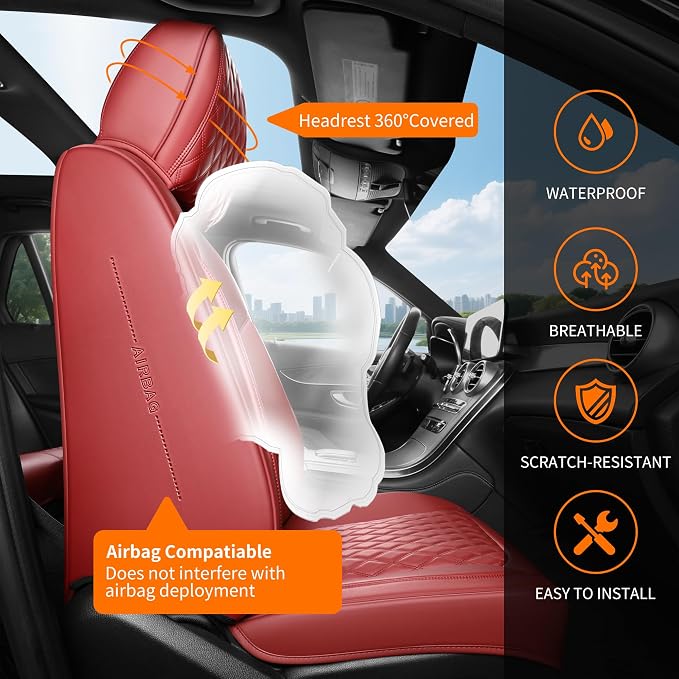 Red High-Density Nappa Leather Automotive Car Seat Covers Full Set | Univerasal Fit,3D Contoured,Waterproof,ThickTexture Nappa Leather,for most Suvs Trucks Sedans - Image 3