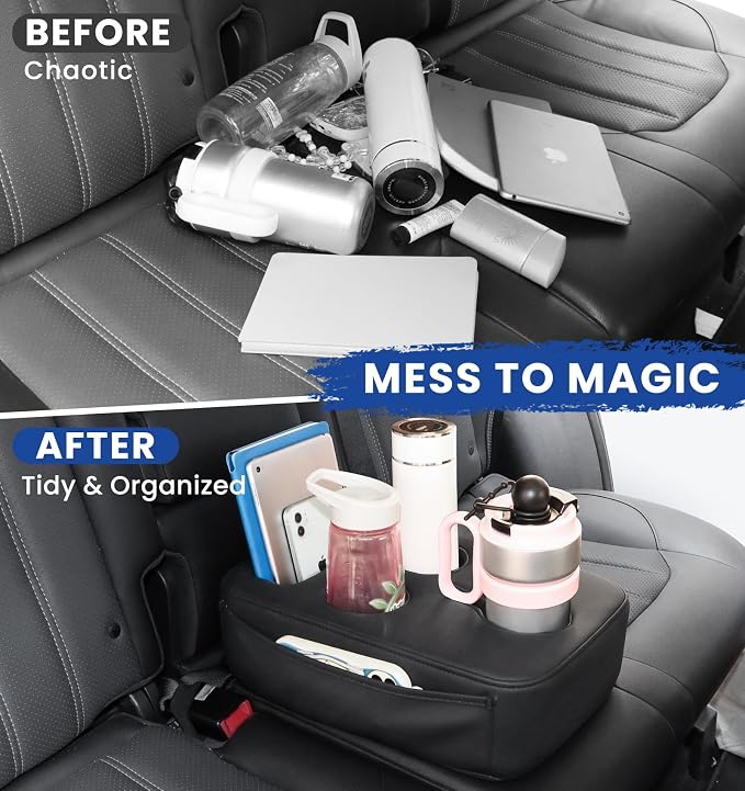 Back Seat Cup Holder for Car, PU Leather Couch Sofa Bed Boat Cup Holder | Console Cup Holder Tray Organizer for Trucks, Minivans, SUVs, RVs, Vehicles, Holds Drinks, Remote, Snacks, with Side Pockets - Image 3
