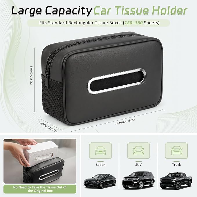 2PC Car Tissue Box Holder PU Leather Car Organizer with Side Storage Pocket | Tissue Box Cover, Fits 120-160 Standard Rectangular Tissue Boxes, Large Capacity Backseat Tissue Organizer for Car SUV Truck - Image 2