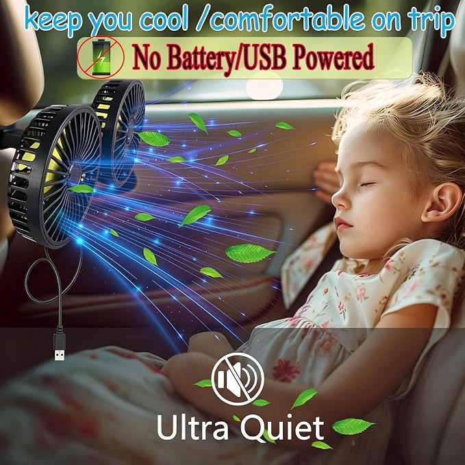 Car Backseat Fans for Backseat Kids, Usb Car Headrest Fan for Car Back Seat | (No Battery) - Image 6