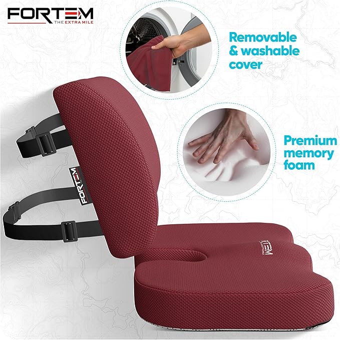 FORTEM Seat Cushion & Lumbar Support for Office Chair, Wheelchair, Car | Memory Foam | Ergonomic Design | Washable Cover | Non Slip | Red - Image 3