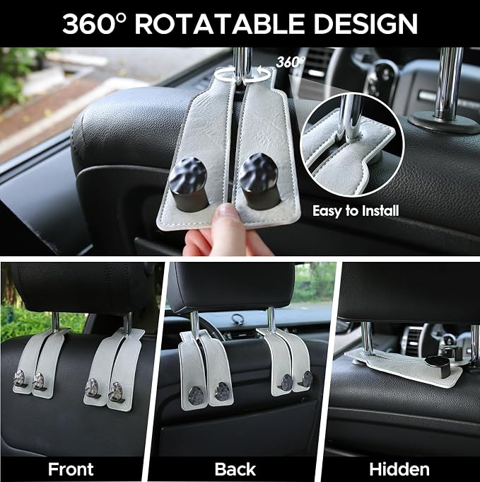 Leather Car Purse Hook for Headrest, 2 Pack (Grey-Black) | Twin Hooks Headrest Hangers, 2/4 Pack, No-Slip, Scratch-Proof, Holds Purses, Backpacks, Grocery Bags, Car Organizer Gift - Image 4