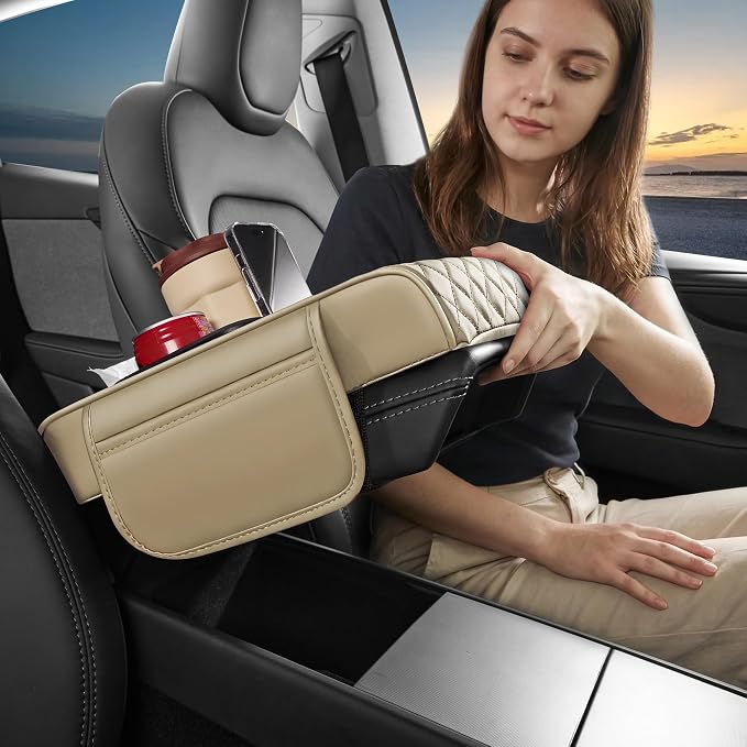 5 in 1 Nappa Leather Console Armrest Cover, Beige | Built-in cup holder, tissue slot, phone holder & 2 storage pockets, practical car accessories fit SUV sedan truck - Image 8