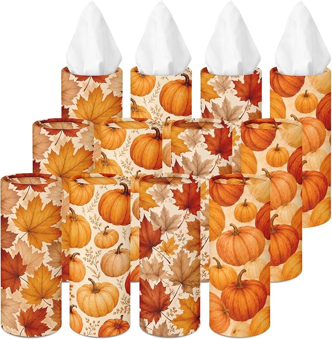 Arttown Car Tissue Holder for Cup Holder Fall Facial Tissues 12 Pack | Pumpkin Bulk 3-Ply,Refillable Marble Print Cylinder Tissue Boxes,Fit Car Home Office School (600 Sheets Total,50 Sheets Each) by Arttown