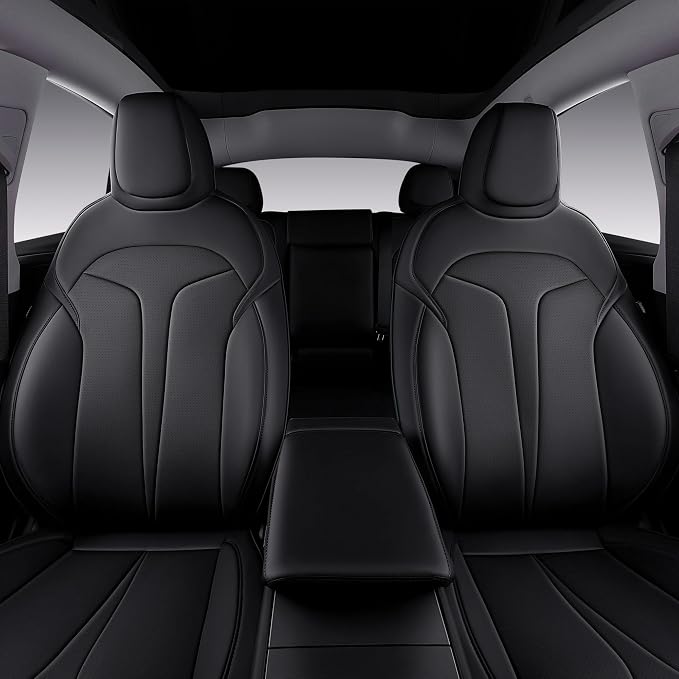 Custom Seat Covers for 2025 2026 Tesla Model Y Juniper 5-Seater - Black | Waterproof Breathable Nappa Leather, OEM Factory Style Full Set, Full Coverage Design with Armrest Covers, Airbag Compatible - Image 3